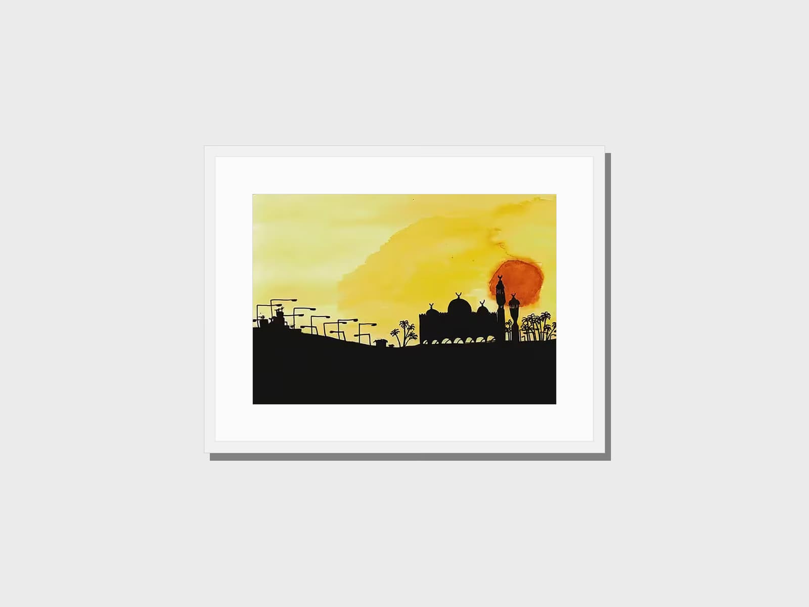 Mosque at sunset in Cairo (1982) — framed print on a wall