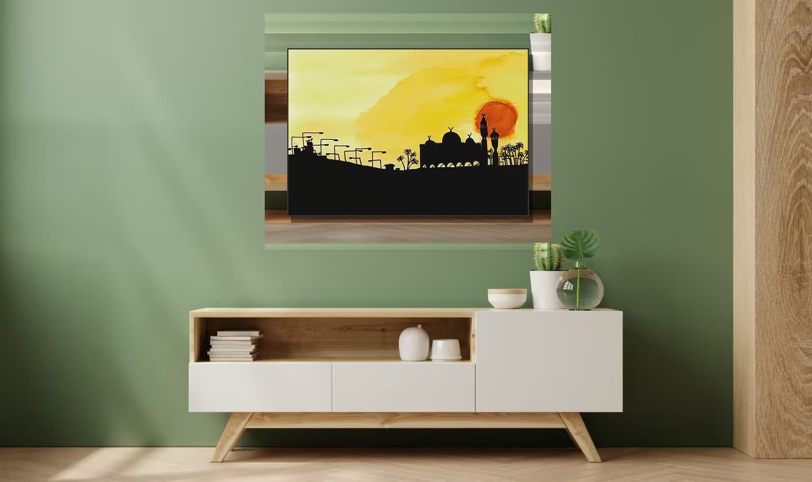 Mosque at sunset in Cairo (1982) — shown in a room